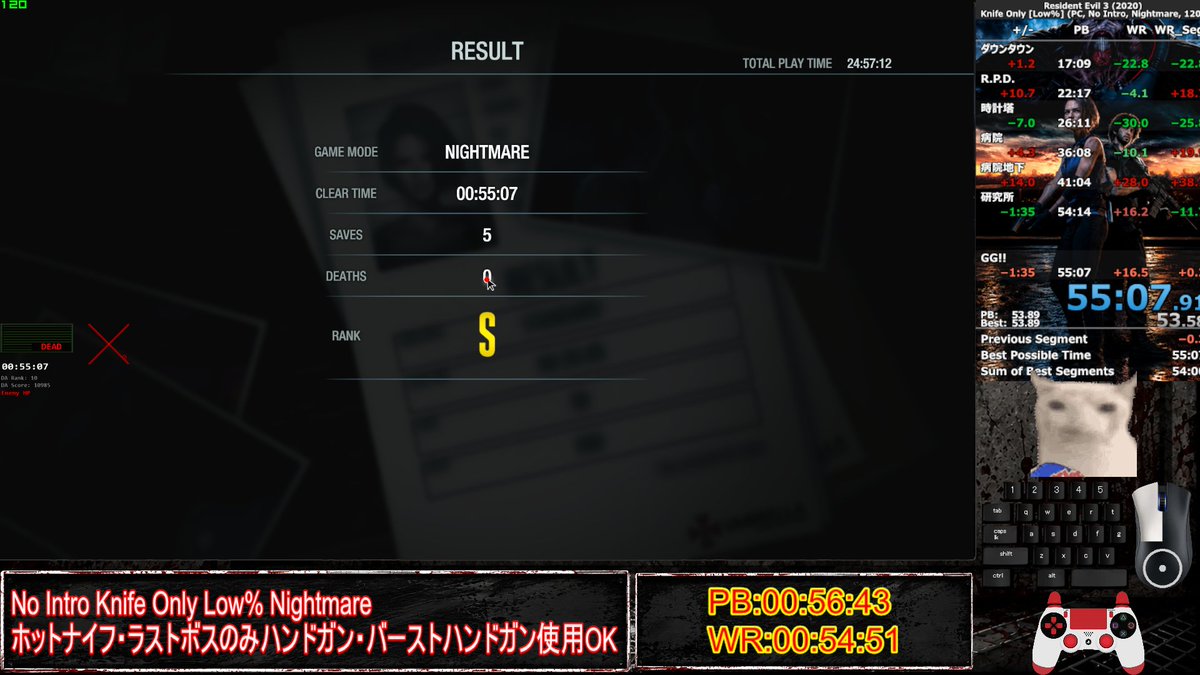 blackcat_dx's tweet photo. バイオRe3 Knife Only Low% ナイトメア ノーイントロ 
一ヶ月ぶりの自己ベスト更新でPB:00:56:46→00:55:07でした。
世界まで16秒!!
#REBHFun 
#Re3 https://t.co/ZVEUGsTo77