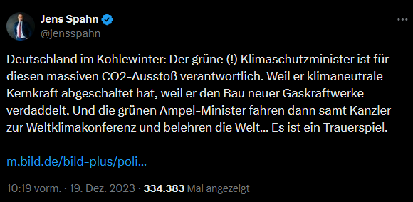 DerGraslutscher's tweet photo. War in meinen Augen auch nicht weitsichtig von der CDU, sich in dieser Form 3,5 Jahre an Wirtschaft und Energieversorgung abzuarbeiten.

Ist natürlich legitim, dass die Opposition die Arbeit der Regierung kritisiert, aber Spahn und Co. haben sich in eine Untergangsstimmung reingesteigert, die man jetzt beim Wahlvolk nicht einfach wieder abschalten kann.

Deutschland wurde zum "Strombettler" degradiert, zum "Strom-Not-Land", sei im "Kohlewinter" von diversen Blackouts bedroht, leide unter der "Frust-Bilanz“ und gängele seine Wirtschaft mit künstlich hohen Energiekosten.

Jede Insolvenz wurde zelebriert, jede schlechte Konjunkturprognose ins Rampenlicht gezerrt und erklärt, nach der Ampel-Regierung die Energiepreise einfach wieder niedrig zu zaubern und die Wirtschaft wieder auf den Stand von 2015 zu setzen. Und das nicht von irgendeinem Hinterbänkler, sondern von Spahn als energiepolitischem Sprecher der Union.

Es war da schon klar, dass man den Wähler hier nur wird massiv enttäuschen können. Das ständige Gerede von der schnellen Reaktivierung der Atomkraft als Lösung für alles, das Framen des ganzen Landes als schwach, abhängig und lächerlich, das haben nun alles die AfD-Influencer übernommen und drehen es gegen die CDU, die jetzt auch nur mit Wasser kochen kann.

Dass die Energie- und Strompreise sich nicht ohne Weiteres senken lassen, war klar. Dass wir auch unter einer CDU-Regierung Strom importieren werden, war klar und dass der Umbau des Energiesystems eine Herausforderung ist, die Gewinner und Verlierer kennt, war auch klar.

Das sind alles Themen, die von der AfD nun auf diesem Fundament wunderbar bespielt werden können, denn in Untergangsstimmung und leeren Versprechungen sind die noch mal deutlich besser.
