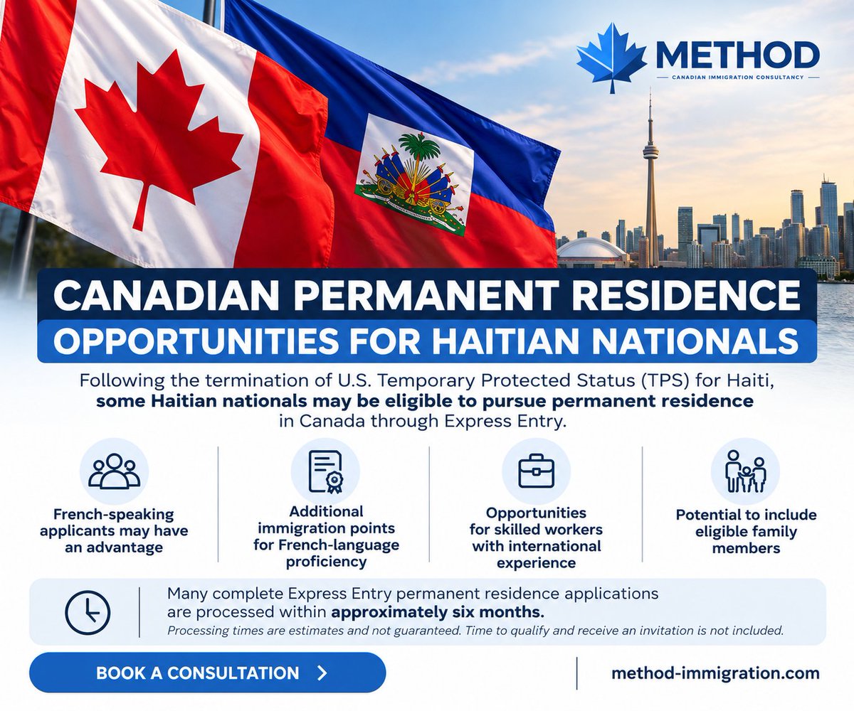 MethodImm's tweet photo. 🇨🇦 Haitian nationals affected by U.S. TPS changes may qualify for Canadian permanent residence through Express Entry.

French speakers may benefit from targeted draws, with many complete PR applications processed in ~6 months.

Explore your options:
https://t.co/AB2sxrF8FX https://t.co/OtMBlx0qPm