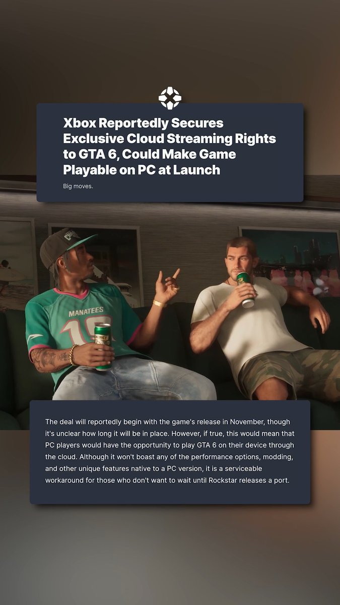 A news graphic headlined "Xbox Reportedly Secures Exclusive Cloud Streaming Rights to GTA 6, Could Make Game Playable on PC at Launch" is overlaid on a GTA 6 screenshot of two characters sitting on a couch drinking beers, with a description explaining that PC players could stream the game via the cloud starting in November as an alternative to waiting for a Rockstar PC port.