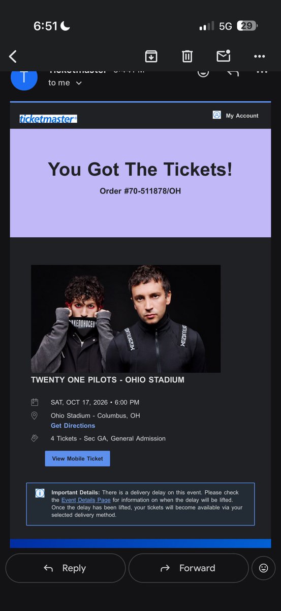 Daliaax2fz's tweet photo. Anyone interested? I’ve got 4x tickets  to see TWENTY ONE PILOTS - OHIO STADIUM Saturday show! $250 each ticket

📍Ohio Stadium • Columbus, OH

—: Sat, Oct 17, 2026, 6pm

Willing to show proof of my ticket. Dm me immediately 

Accept PayPal G&amp;S : https://t.co/f8kXUEPmgx