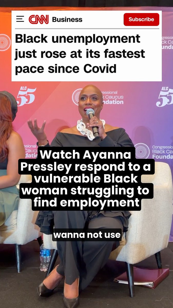 Rep. Ayanna Pressley speaks at a Congressional Black Caucus Foundation event during its 55th anniversary, overlaid with a CNN Business headline stating "Black unemployment just rose at its fastest pace since Covid." The image visually reinforces the post's claim about Black women bearing the brunt of economic hardship, particularly unemployment.