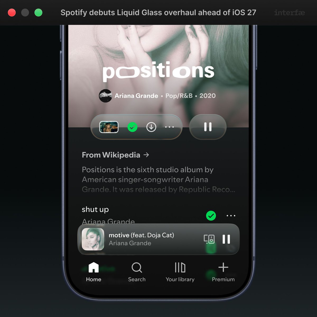 interfae's tweet photo. Spotify drops Apple Music-inspired redesign ahead of #iOS27! 😱 👀 https://t.co/cII5TDfjE9