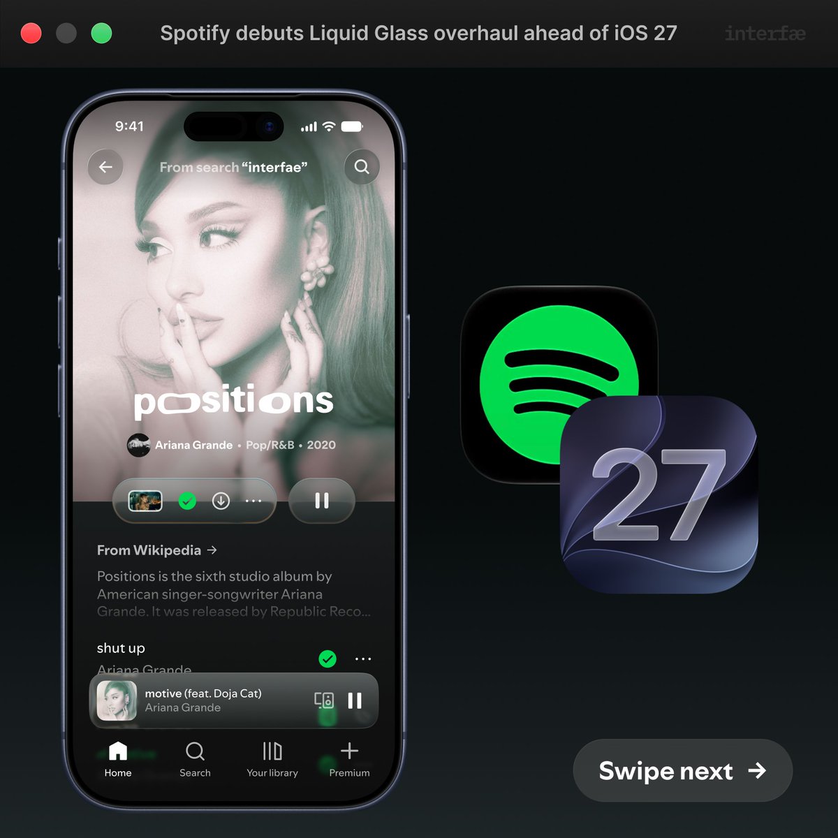 interfae's tweet photo. Spotify drops Apple Music-inspired redesign ahead of #iOS27! 😱 👀 https://t.co/cII5TDfjE9