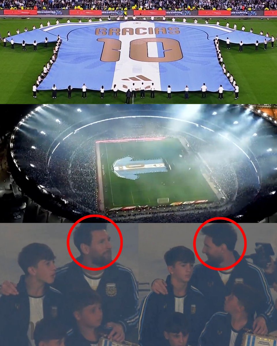 InvictosSomos's tweet photo. Vean nada más LA CAMISETA GIGANTE que colocaron en el centro de la cancha del Estadio Monumental para agradecerle a Lionel Messi por todo lo que hizo con la Selección Argentina. Y sí, el GOAT disfrutó de este momento del homenaje junto a sus hijos Thiago, Mateo y Ciro. Qué hermosura. Gracias totales, Lionel. GRACIAS ETERNAS.