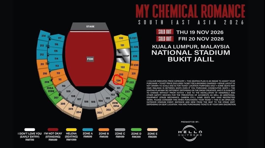 Ticketsradar1's tweet photo. WTS MCR IN KL DAY 1 (19 NOV)

Zone B Section 134 Row Y
RM 500 only (price before RM686 inc tax & fee)
Can meet up in skudai jb if willing to pay a down payment
Reason to letgo, unable to attend due to work
Looking for serious buyer, anything can hmu
Proof available for serious buyers 🥹🙏🏼

#WTS #MCR #MyChemicalRomance #MCRKL #MCRMalaysia #MCRConcert #MCRTickets #MCR2026 #MyChemicalRomanceKL #MyChemicalRomanceMalaysia #KLConcert #KualaLumpur #MalaysiaConcert #ConcertTickets #WTSMalaysia #Skudai #JohorBahru #JB #TicketSale #SeriousBuyer
