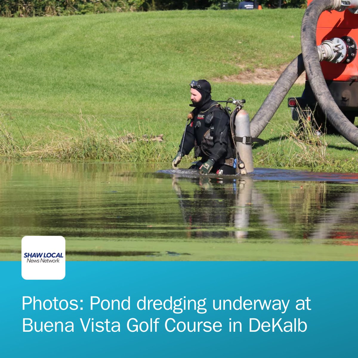 Daily_Chronicle's tweet photo. Work continued this week in DeKalb as crews took to Buena Vista Golf Course to dredge the pond on Monday, Oct. 5, 2026. https://t.co/63ZYlnloLa