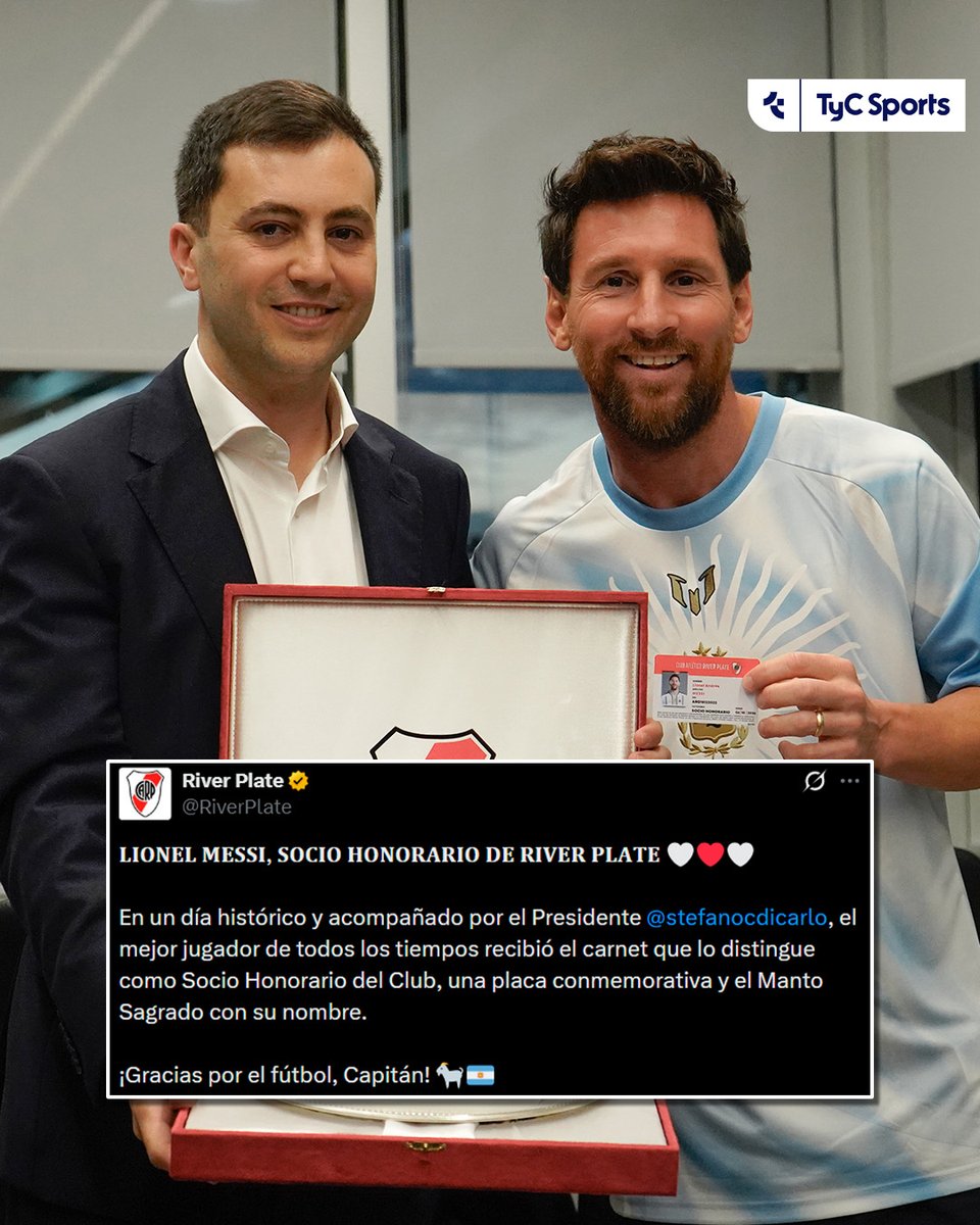 TyCSports's tweet photo. ⚪🔴🐐  ¡MESSI, SOCIO HONORARIO DEL MILLONARIO!

A través de las redes sociales del club, River le entregó una placa conmemorativa, la camiseta y el carnet de socio para el capitán de la Selección Argentina. https://t.co/P13dXQ9Bnd