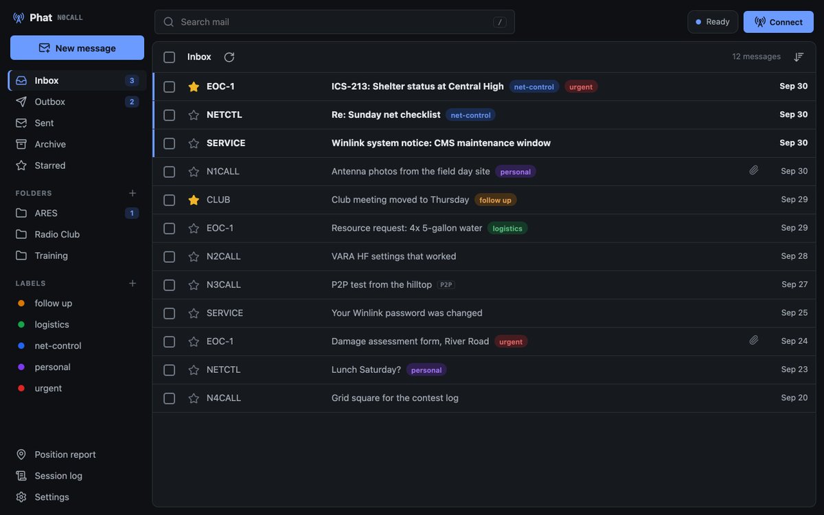 AD6DM's tweet photo. Use Pat for getting your Winlink mail? I present to you Phat, Polished Ham Airmail Tool. A new inbox that works like the email you're used to: folders, stars, labels, search, drag and drop. Runs beside Pat and connects through it. https://t.co/gJ7qnvznRn #Winlink #HamRadio https://t.co/jk57jaFseG