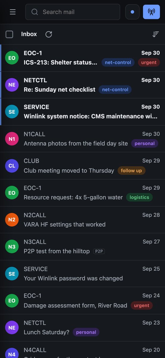 AD6DM's tweet photo. Use Pat for getting your Winlink mail? I present to you Phat, Polished Ham Airmail Tool. A new inbox that works like the email you're used to: folders, stars, labels, search, drag and drop. Runs beside Pat and connects through it. https://t.co/gJ7qnvznRn #Winlink #HamRadio https://t.co/jk57jaFseG