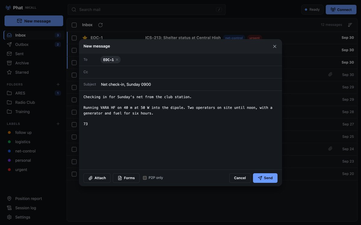 AD6DM's tweet photo. Use Pat for getting your Winlink mail? I present to you Phat, Polished Ham Airmail Tool. A new inbox that works like the email you're used to: folders, stars, labels, search, drag and drop. Runs beside Pat and connects through it. https://t.co/gJ7qnvznRn #Winlink #HamRadio https://t.co/jk57jaFseG