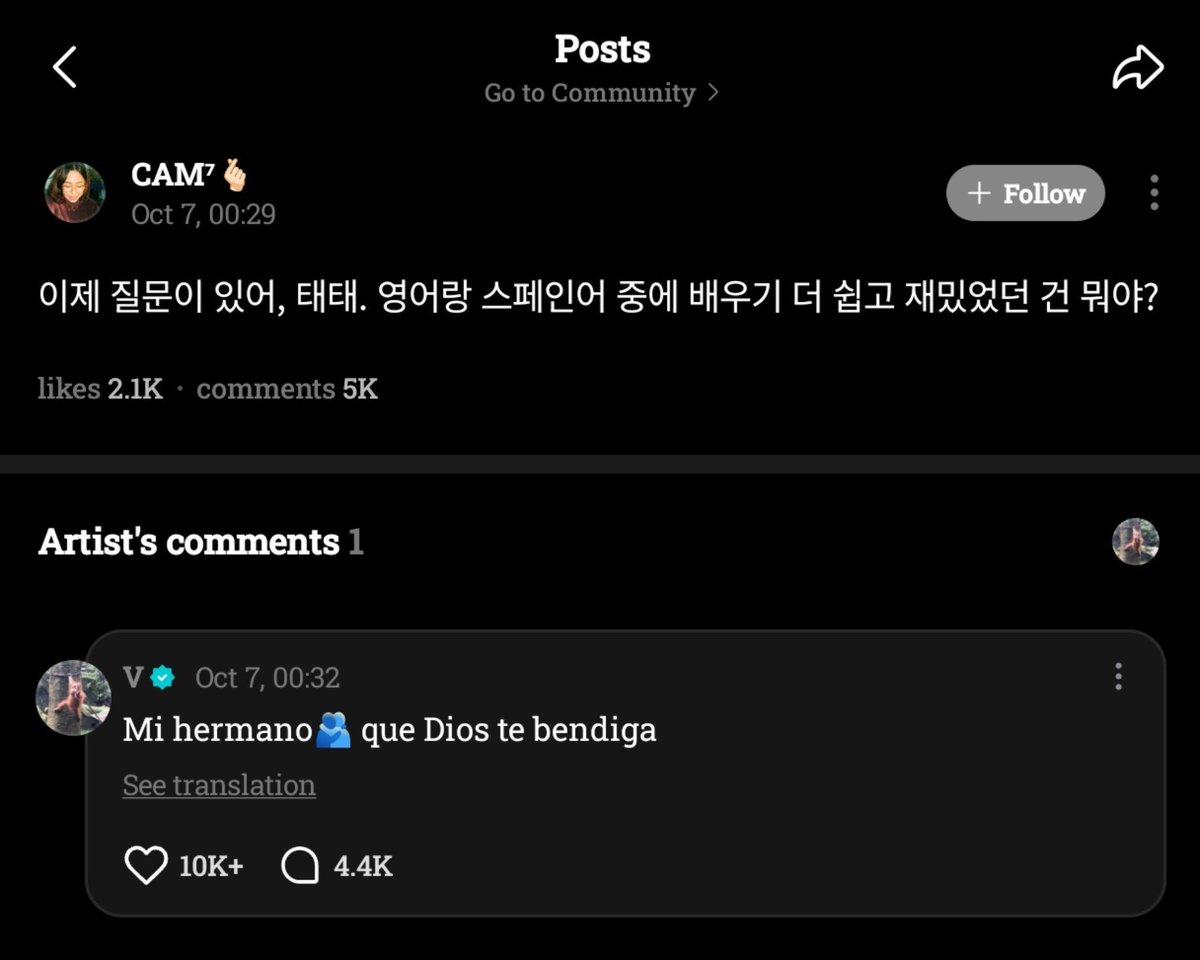 bngtn_week's tweet photo. Taehyung en Weverse 🌟 | Traducción

💜 Ahora tengo una pregunta , TaeTae, ¿Entre el Inglés y Español cual ha sido más fácil y divertido de aprender?
🐻 Mi hermano 🫂 que Dios te bendiga https://t.co/6lpO7q5bL8