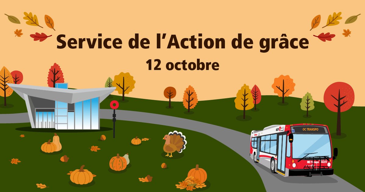OC_Transpo's tweet photo. Vous pouvez PRESQUE le sentir! Quelque chose de savoureux se prépare!

Le 12 octobre, pour l’Action de grâce :

🍽️ Le service d’autobus et de l’O-Train suivra l’horaire du dimanche.

(1/3) https://t.co/Bog3Nom5eA