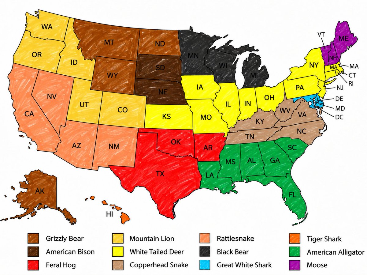 TerribleMaps's tweet photo. The most dangerous animal in each US state https://t.co/xUhnN1zKkc