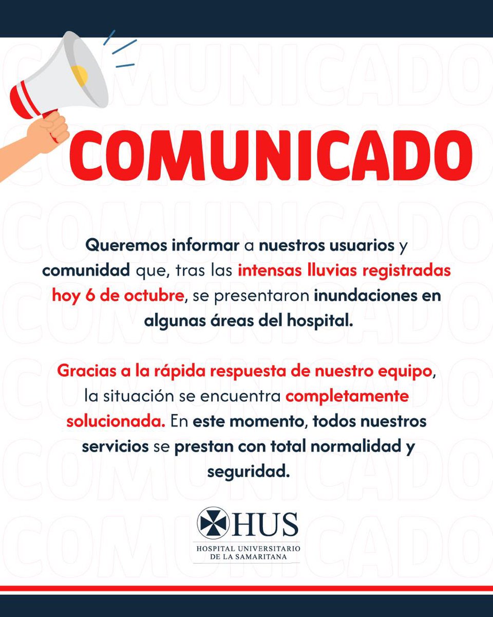 UltimaHoraCR's tweet photo. #Bogotá | Tras las fuertes lluvias en la ciudad, el Hospital La Samaritana sufrió inundaciones en UCI, Urgencias y además, alguna filtraciones de agua en oficinas y su auditorio. 

Desde el centro médico aseguran que la situación ya fue controlada y siguen prestando su servicio con normalidad. 

Vía: @Nia_Maldonadoo 

https://t.co/woHMRjVE2M