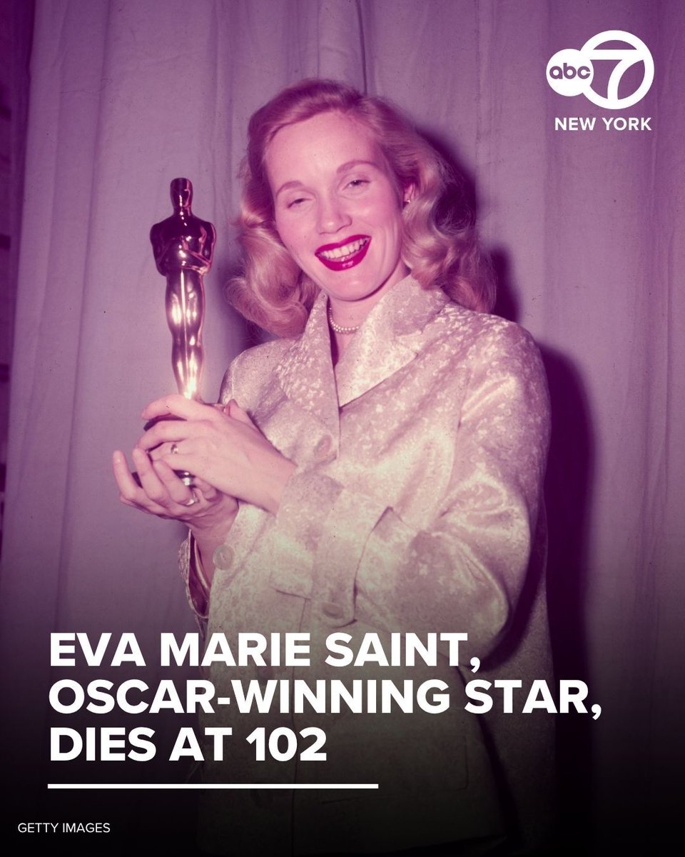 ABC7NY's tweet photo. Eva Marie Saint, who won an Academy Award for her first movie, “On the Waterfront,” and starred opposite Cary Grant in the Alfred Hitchcock thriller “North by Northwest,” has died. She was 102 https://t.co/kRAeWQIIHX https://t.co/TzcUM4SMtD