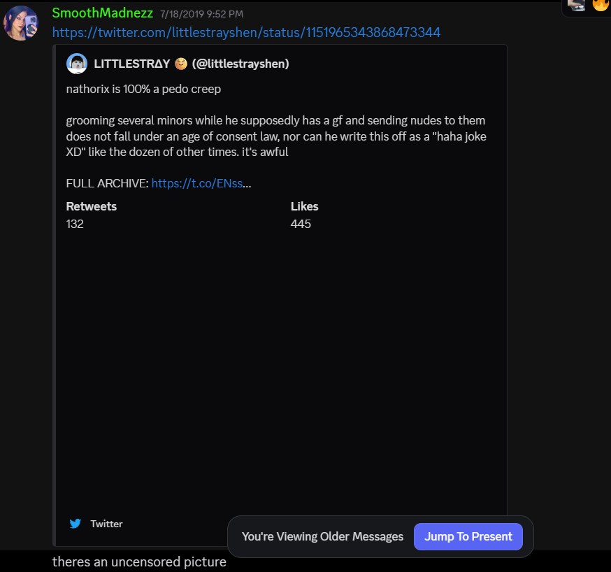 acehowler's tweet photo. so @VuxVux is just blocking people for mentioning his false flagging, his discord is also an insane mess as well, how did your wife think it was okay to not only talk about Nattie Forsyth's dick in a server filled with minors, but also gave a link to access the dick pic bro. https://t.co/XkXI3CMc20