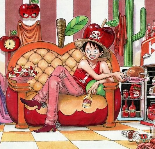 SHANKSTOPME's tweet photo. I can’t get over this illustration of luffy, the pink pants and those little heels.. he was serving https://t.co/esBDwG3Fzq