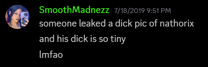 acehowler's tweet photo. so @VuxVux is just blocking people for mentioning his false flagging, his discord is also an insane mess as well, how did your wife think it was okay to not only talk about Nattie Forsyth's dick in a server filled with minors, but also gave a link to access the dick pic bro. https://t.co/XkXI3CMc20