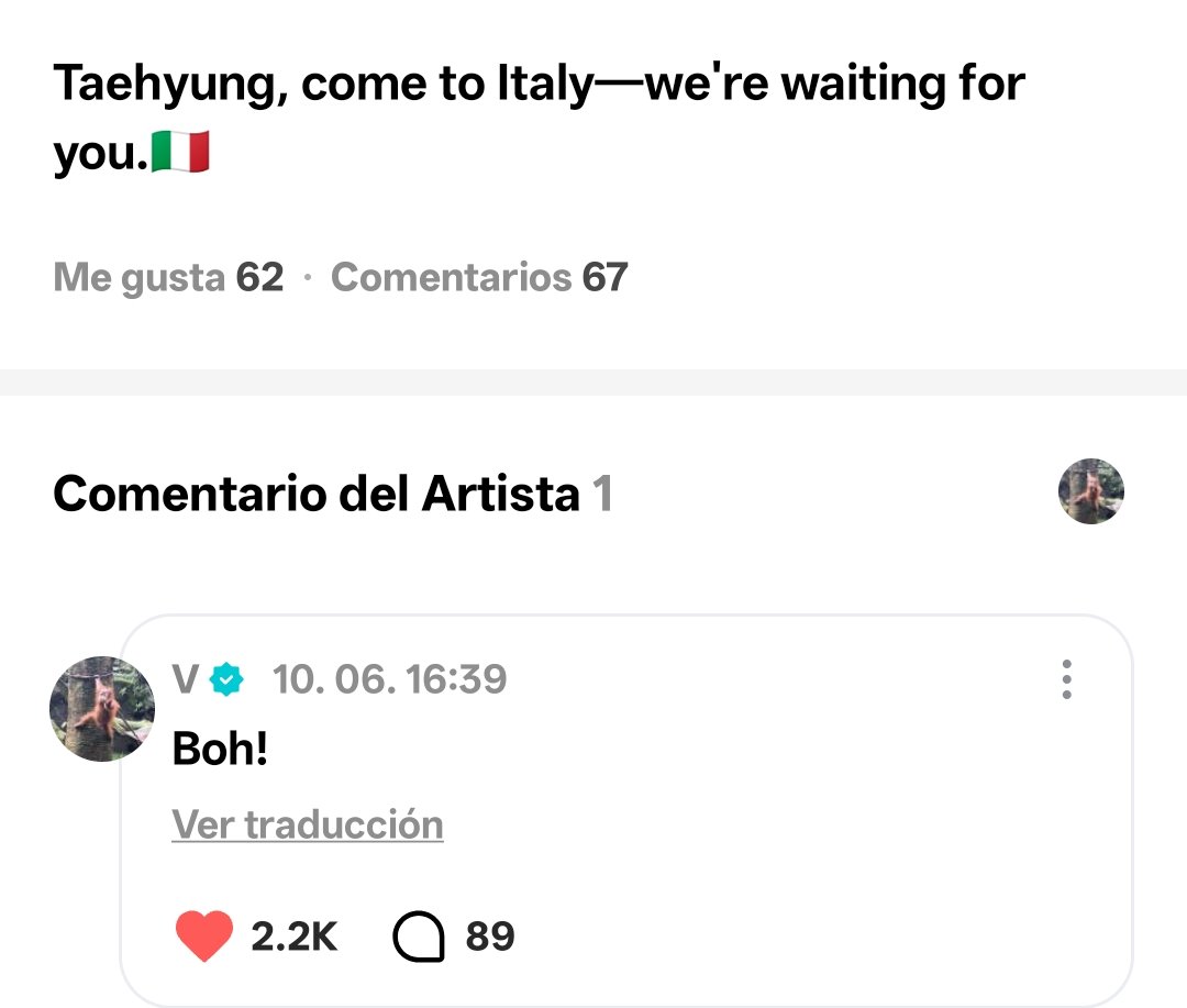 lvsyoonpj's tweet photo. TAEHYUNG VÍA WEVERSE 🌟 

💜: Taehyung, ven a Italia; te estamos esperando. 🇮🇹

🐻: Boh!

LISTO PRÓXIMAMENTE BTS EN ITALIA https://t.co/aifOYQIv7H