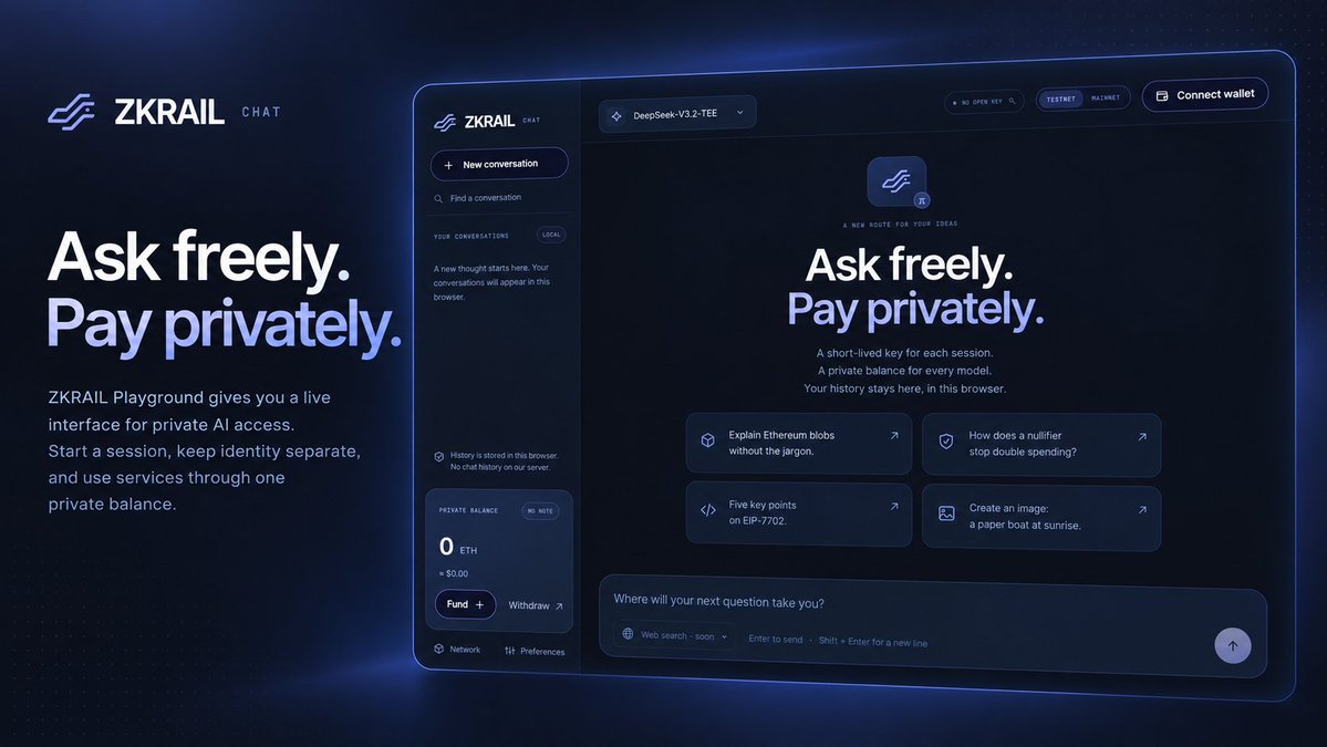 zkrailapp's tweet photo. ZKRAIL Playground brings private AI access into one working interface.

Connect a wallet, start a session, use a private balance, and interact with supported models without making your payment identity the center of every request.

https://t.co/chsh5DSnso

#ZKRAIL #Privacy #AI #ZK