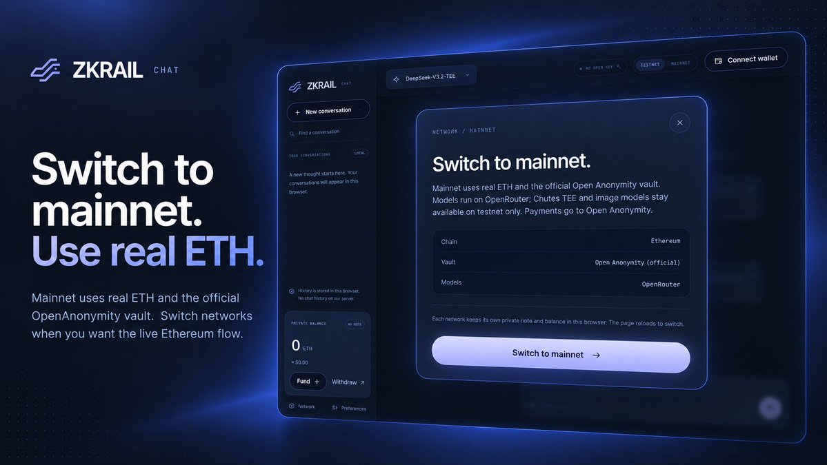 zkrailapp's tweet photo. Playground supports both testnet and Ethereum mainnet.

On mainnet, the flow uses real ETH, the official Open Anonymity vault, and supported models routed through OpenRouter.

Explore the live mainnet flow:
https://t.co/mTzr6gv2Z1

#ZKRAIL #Ethereum #ETH #Privacy https://t.co/wMfZeb34to