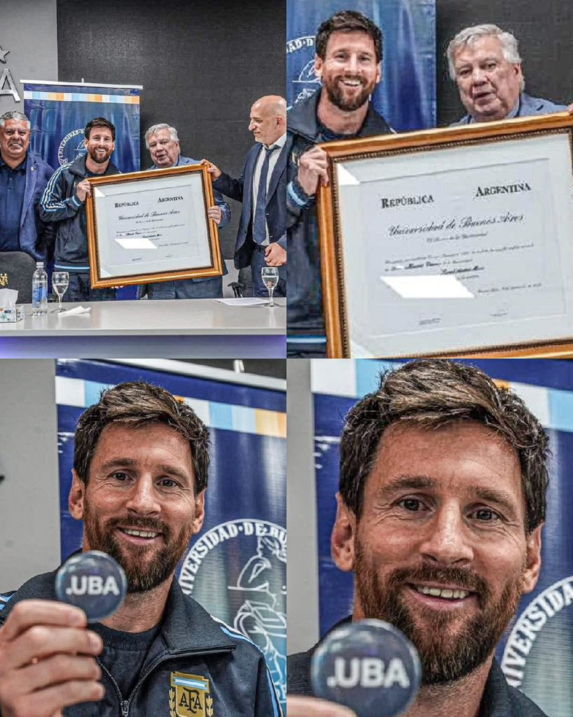 CulesBrc's tweet photo. ¡ESTA IMAGEN NOS EMOCIONÓ A TODOS!

Justo antes de su último partido con la Selección de Argentina en su carrera.

Lionel Messi fue galardonado con el título "Doctor Honoris Causa" de la Universidad de Buenos Aires. La máxima distinción honorífica que concede la UBA. https://t.co/9HoKLve9wY