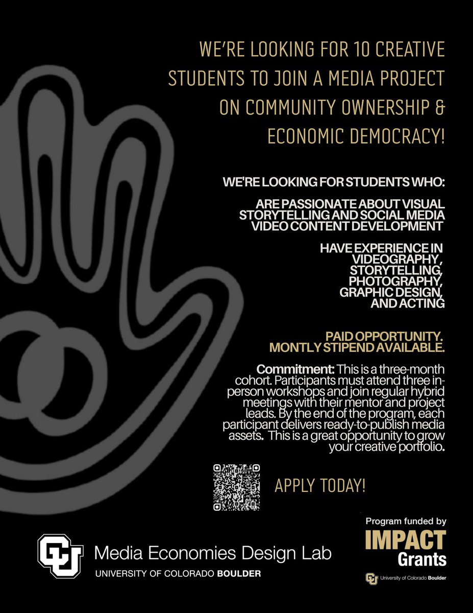 MEDLabBoulder's tweet photo. MeDLab is looking for 10 students to join our Creative Cohort this fall, a paid media project on community ownership and economic democracy. If you have a passion for graphic design, storytelling, videography, or anything creative, apply today! #MEDLab #CUBoulder #Creative https://t.co/dROoW7KkjT