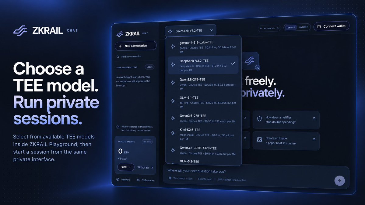 zkrailapp's tweet photo. On the testnet, ZKRAIL Playground lets users choose from supported Chutes TEE models directly from the interface.

Pick a model, fund your private balance, and start a session through the same rail.

https://t.co/Dhfh8q9GM5

#ZKRAIL #TEE #AI #Privacy #Playground https://t.co/e6xnuCpK9Q
