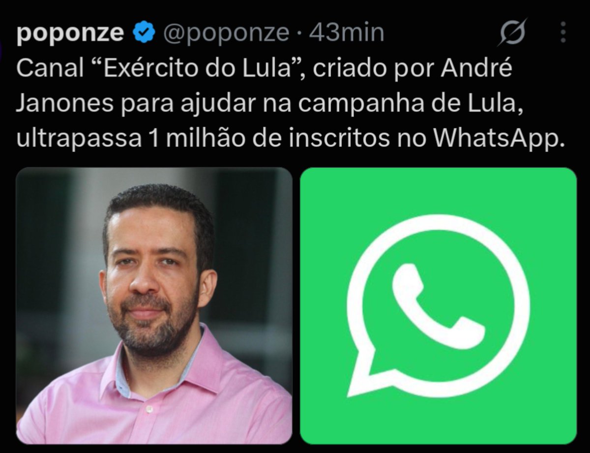 mspbra's tweet photo. 🚨⚠️ ATENÇÃO!: Segundo perfil poponze do X, o canal “Exército do Lula” no whatsapp criado por Janones, já conta com mais de 1 milhão de inscritos https://t.co/6VyzBIwofU