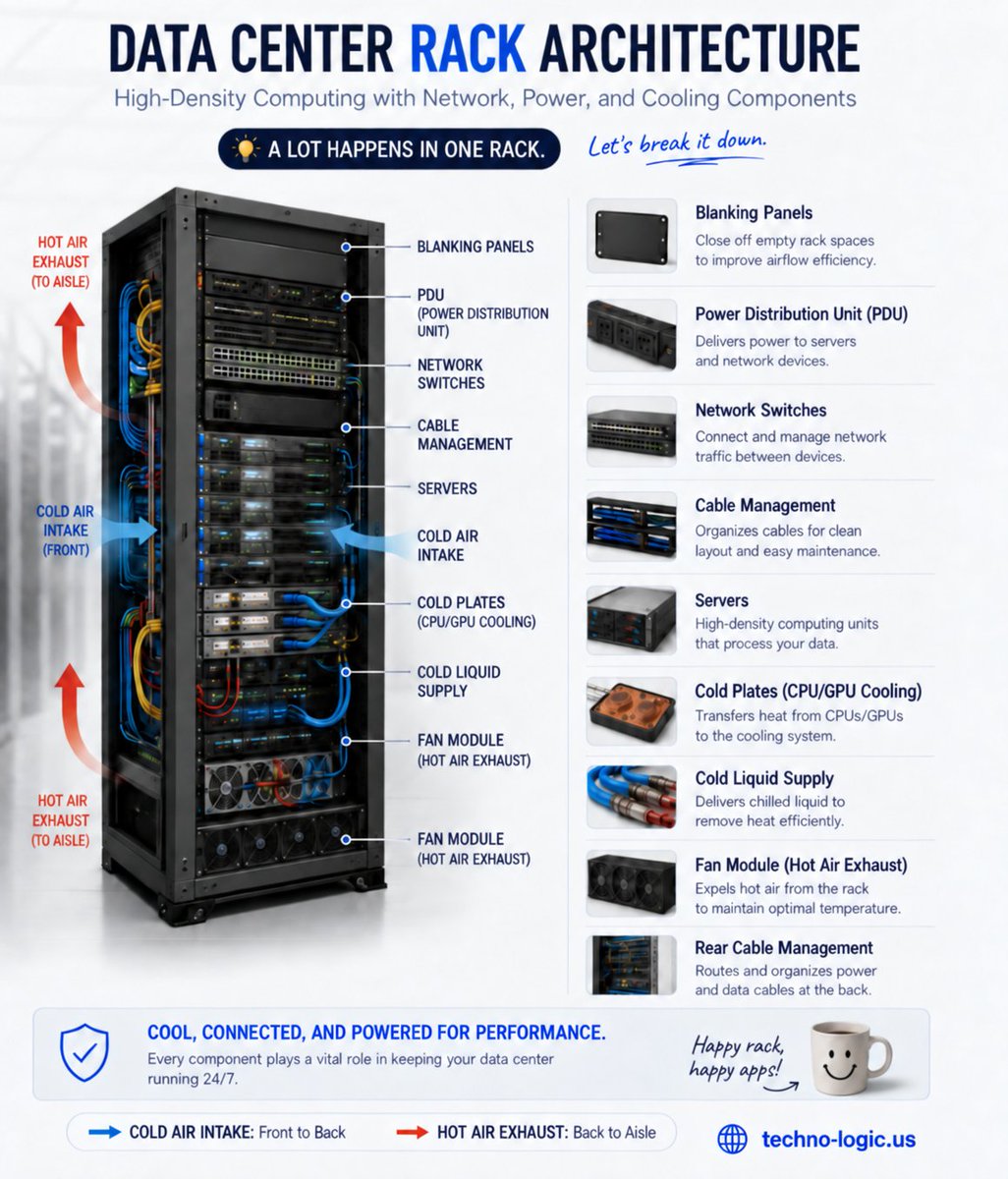 seetechnologic's tweet photo. What exactly goes into a modern data center rack? 🖥️⚙️  We talk a lot about the cloud but let us not forget the serious hardware making it all possible. 

Let me know which component you think is the absolute most critical. 👇🏽  
#DataCenter #HardwareEngineering #CloudComputing https://t.co/owG9J9fS0J