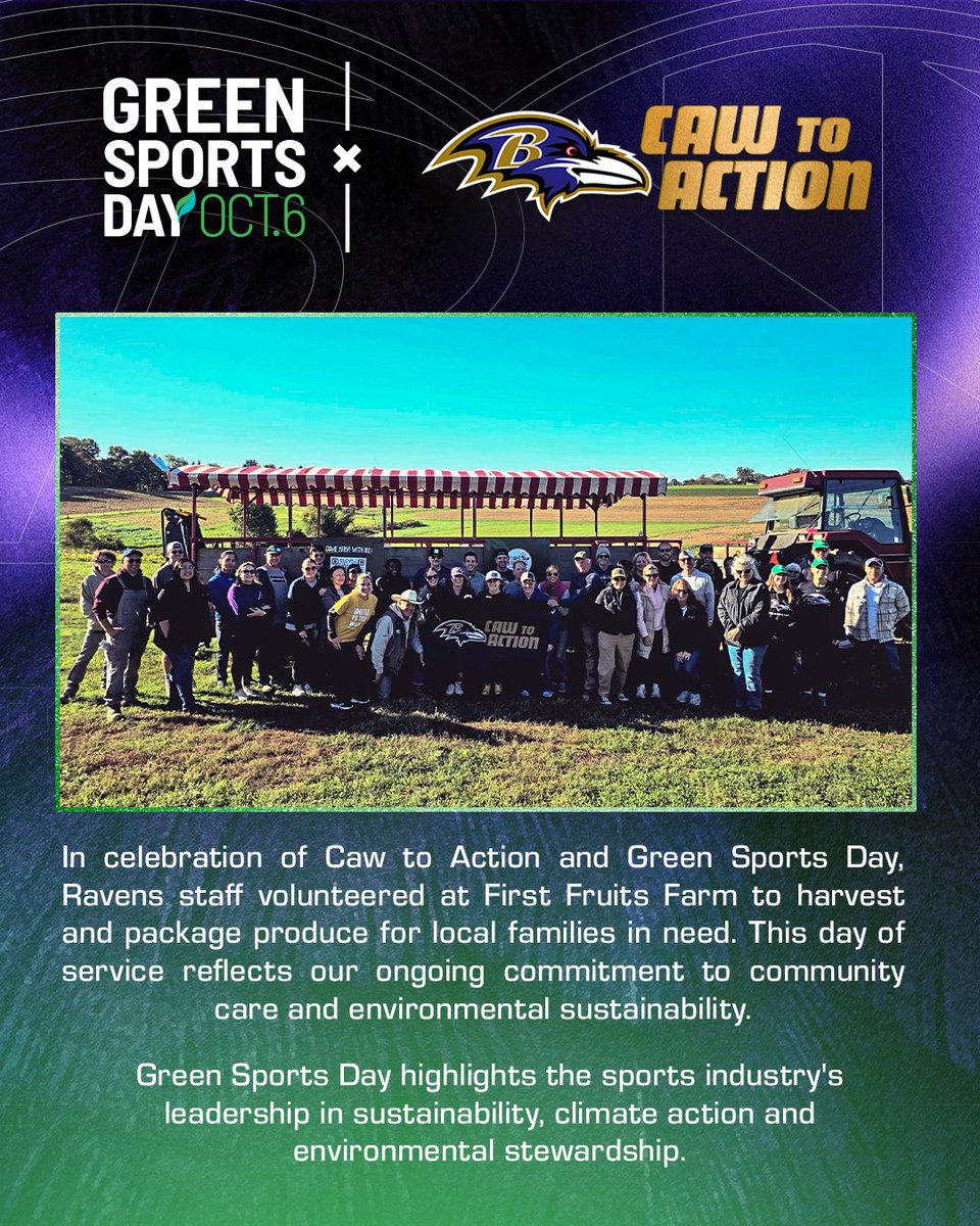 RavensCommunity's tweet photo. Caw to Action + Green Sports Day 💚💜
 
Today, Ravens staff members and volunteers came together to serve the community and make an environmental impact at First Fruits Farm!

@Ravens 
@sportsalliance https://t.co/2RnW63ChcY