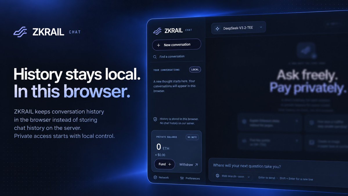 zkrailapp's tweet photo. Your ZKRAIL conversation history stays in your browser.

No server-side chat history is built around your session by default.

Private access is not only about payments. It also means reducing unnecessary places where your activity is stored.

https://t.co/qfoMglF7Qm

#ZKRAIL #Privacy #AI #Playground