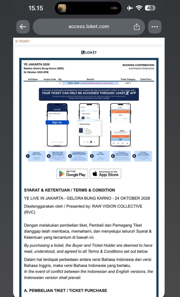Ticketsradar1's tweet photo. 🚨WTS YE (KANYE) LIVE IN JAKARTA
📆 24th October 2026
Stadion Gelora Bung Karno (GBK)
🎫 Cat 4 (1 tix only)
💰 2jt nett

Please DM (no tipu-tipu ikut nonton juga yaa😅)
Note: Jual karena temen ga jadi ikut nonton!!!

#WTS #YE #KanyeWest #Kanye #KanyeLive #KanyeJakarta #KanyeIndonesia #KanyeWestJakarta #JakartaConcert #GBK #GeloraBungKarno #ConcertTickets #WTSJakarta #IndonesiaConcert #KanyeFans #YE2026