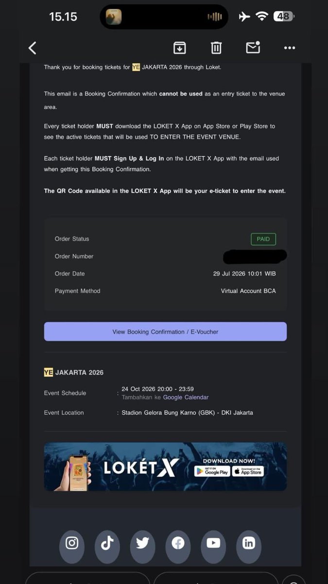Ticketsradar1's tweet photo. 🚨WTS YE (KANYE) LIVE IN JAKARTA
📆 24th October 2026
Stadion Gelora Bung Karno (GBK)
🎫 Cat 4 (1 tix only)
💰 2jt nett

Please DM (no tipu-tipu ikut nonton juga yaa😅)
Note: Jual karena temen ga jadi ikut nonton!!!

#WTS #YE #KanyeWest #Kanye #KanyeLive #KanyeJakarta #KanyeIndonesia #KanyeWestJakarta #JakartaConcert #GBK #GeloraBungKarno #ConcertTickets #WTSJakarta #IndonesiaConcert #KanyeFans #YE2026