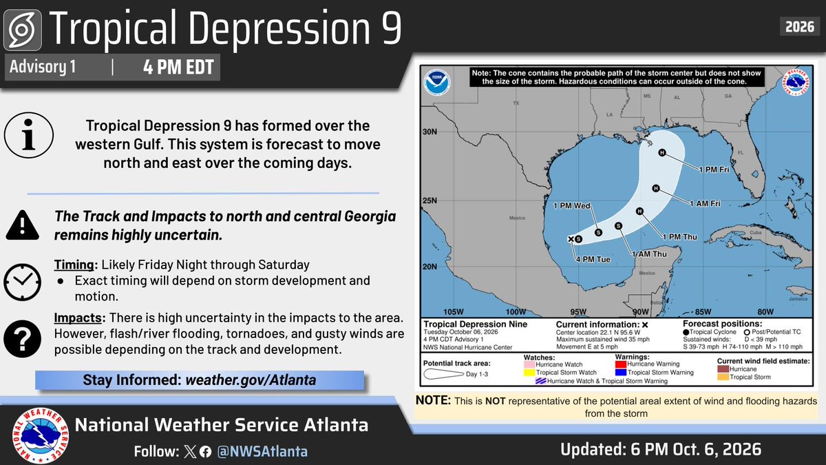 NWSAtlanta's tweet photo. Tropical Depression 9 has formed in the western Gulf. Here is the 3-day forecast cone which brings the system into the northern Gulf Coast later this week. Impacts to north and central GA remain uncertain at this time, though widespread rain is likely. #gawx https://t.co/vMnhS77nLy