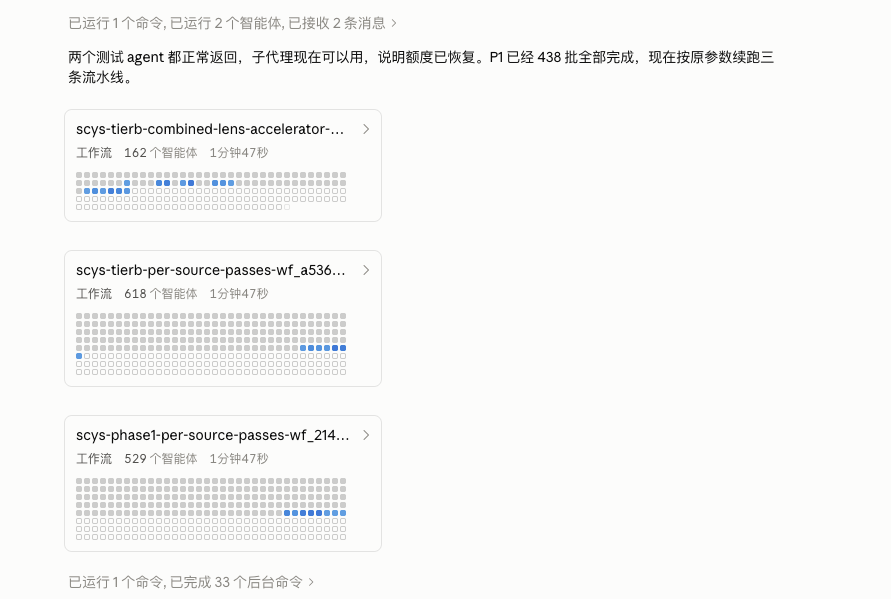 zyon1527's tweet photo. 刚重置的额度一天内耗完了，

又用了claude的重置卡，

三条 Agent 流水线续跑。

162个 agent

618个 agent

529个 agent

合计 1,309 个 Agent。

而这还不是从头开始。

前面 P1 已经连续完成 438 批。

现在越来越能体会到一件事：

AI 把个人研发的“并发上限”彻底改写了。

一个人的研发带宽，开始从“人的工作时间”里解耦出来。