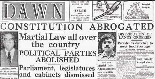 SaddiaMazhar's tweet photo. ⚫  7 اکتوبر 1958
صدر اسکندر مرزا نے مرکزی اور صوبائی حکومتوں کو توڑ دیا، سیاسی جماعتوں پر پابندی لگادی، آئین منسوخ کرکے مارشل لا لگادیا اور جنرل ایوب خاں کو مارشل لا  ایڈمنسٹریٹر مقرر کردیا. ایوب خاں کی مزید اختیارات کی خواہش پر 24 اکتوبر کو انہیں و��یراعظم بھی بنادیا. 3 دن بعد تین جرنیلوں نے پستول تان کر صدر اسکندر مرزا سے استعفے پر دستخط کرالیے اور تمام اختیارات ایوب خاں کے پاس آگئے.
  استعفے کے سرکاری اعلان میں کہا گیا
"اسکندر مرزا نے کہا ہے، لوگوں کے دلوں میں یہ خیال پیدا ہوگیا تھا کہ میں اور جنرل ایوب مل کر کام نہیں کر سکیں گے. یہ صورت حال ہمارے مقاصد کیلئے نقصان دہ تھی، اس لئے میں راستے سے الگ ہورہا ہوں"
اگلے دس سال اسکندر مرزا کو فارغ کرنے کی تاریخ 27 اکتوبر کو ملک میں یومِ انقلاب منایا جاتا رہا.

(عاصم ملک صاحب کی وال سے )