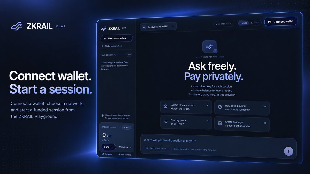 zkrailapp's tweet photo. ZKRAIL flow starts simply:

Connect your wallet > Choose your network > Fund a private balance > Start a session > Use the service.

The Playground is live and available to try now.

🌐 https://t.co/Dhfh8q9GM5

#ZKRAIL #Ethereum #ZK https://t.co/lEkZ0yRw7p