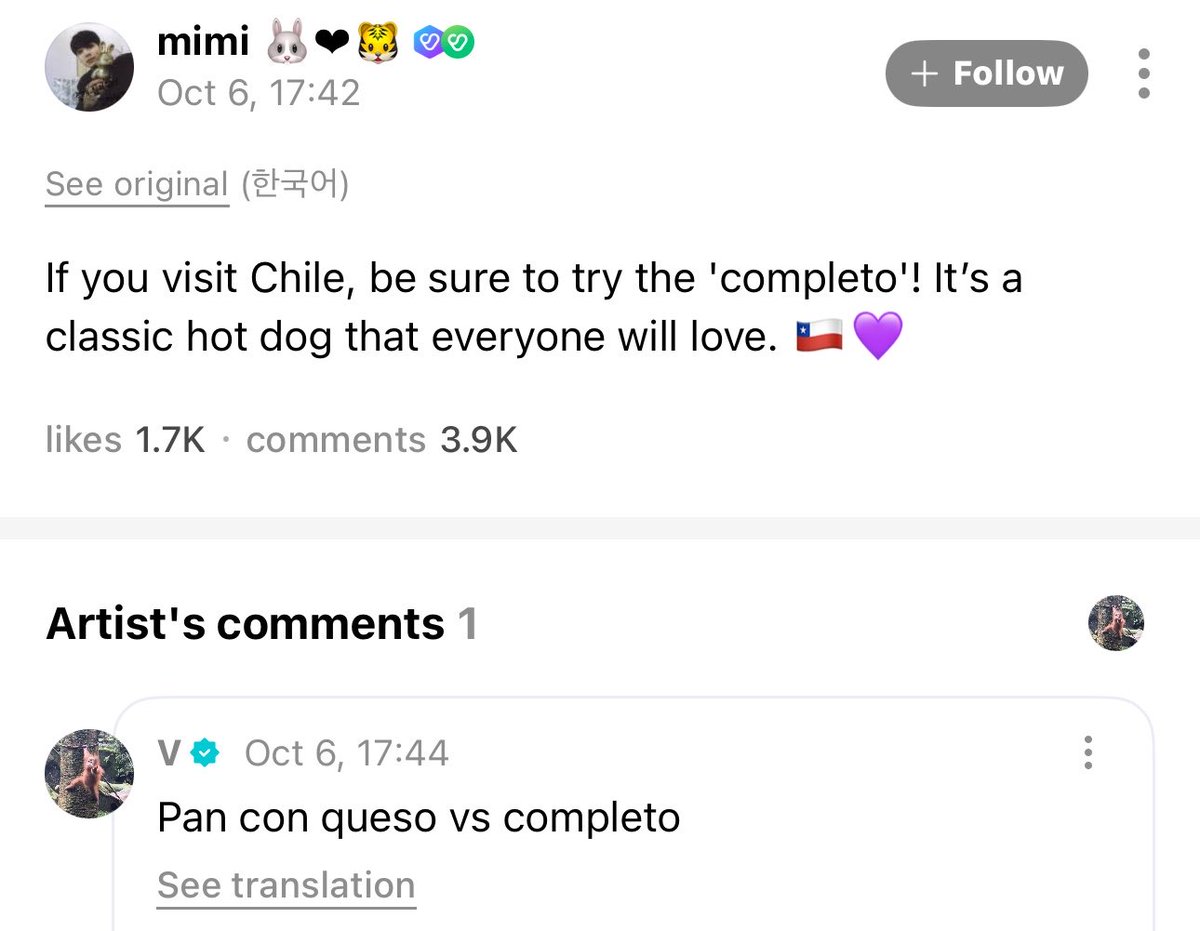 btschartsxdaily's tweet photo. #V via Weverse Comment 💜

“Pan con queso vs completo” 🇨🇱 https://t.co/8f4IglsFdk