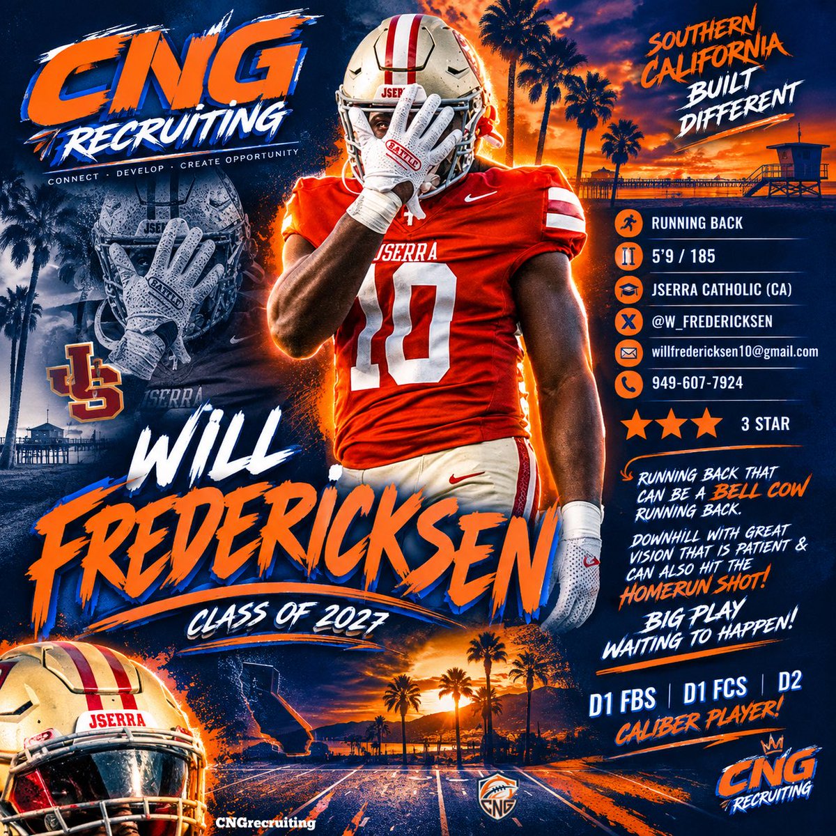 CoachGalatis's tweet photo. 🏈 Will Fredericksen | Class of 2027
📍 JSerra Catholic (CA) | RB | 5’9” | 185 lbs | ⭐️⭐️⭐️

A downhill running back with the vision, patience and explosiveness to make an immediate impact.

Will has the ability to be a true bell-cow RB — patient behind the line, decisive through the hole and physical downhill, with the speed to turn any carry into a home-run play. 💨🏈

🔥 Big-play ability
💪 Bell-cow potential
👀 Excellent vision & patience
⚡️ Downhill running style
🎯 D1 FBS / D1 FCS / D2 caliber

College coaches: Will Fredericksen is a 2027 RB to know out of Southern California. The big play is always waiting to happen.

📩 willfredericksen10@gmail.com
📱 949-607-7924
𝕏 @W_Fredericksen 

#CNGrecruiting #CollegeFootball #HighSchoolFootball #FootballRecruiting #FootballRecruitment