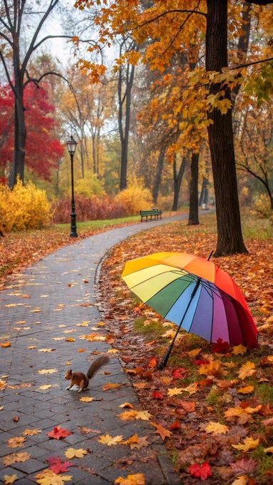 A picturesque autumn park scene featuring a colorful rainbow umbrella resting against a tree, surrounded by fallen leaves, with a squirrel nearby and a winding stone path.
