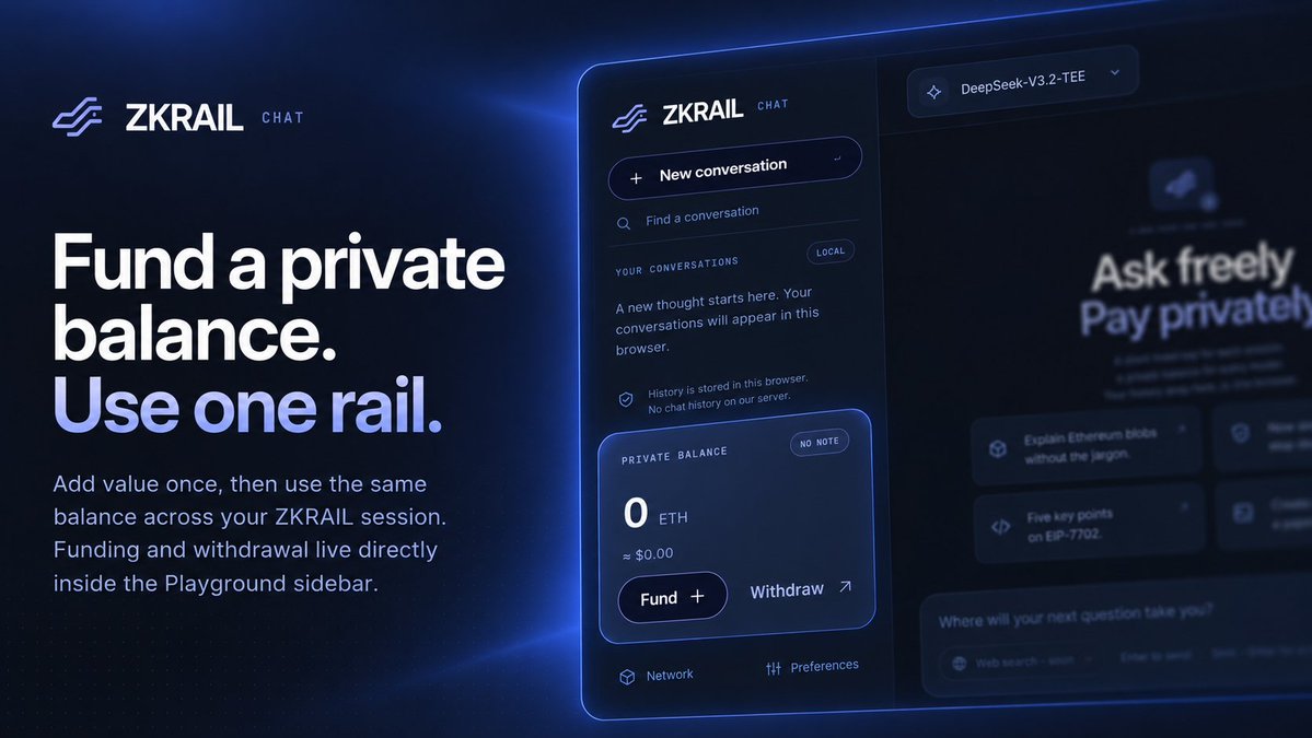 zkrailapp's tweet photo. We give you one private balance inside the Playground.

Fund once, then use that balance across supported sessions and services instead of creating a separate billing relationship for every destination.

https://t.co/h0GEmq9R2V

#ZKRAIL #Privacy #AI #Web3 #Playground https://t.co/JmkocenBFb