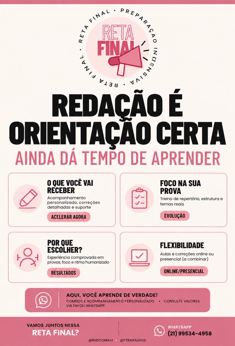FTRABALHOS's tweet photo. A reta final chegou, mas isso não significa que você precisa fazer tudo sozinho. 

Se você ainda sente dificuldade para organizar suas ideias, desenvolver argumentos ou entender por que perde pontos, esse é o momento de buscar orientação. Vem! 

WhatsApp: (21) 99534-4958
#ENEM https://t.co/PRwqwNywJf