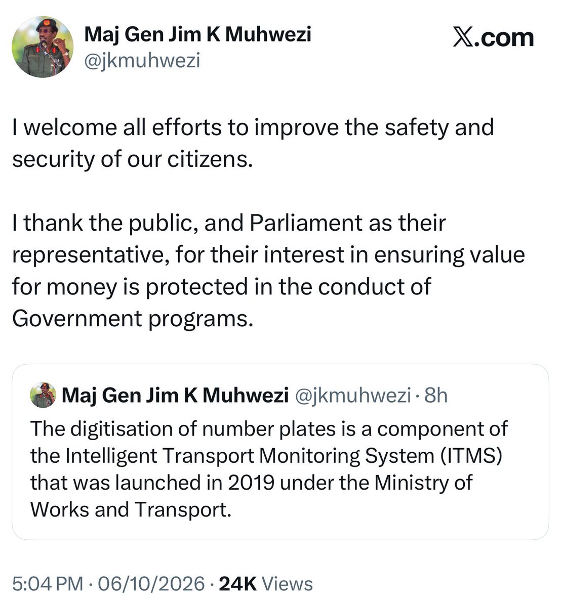 UgWonderland's tweet photo. Gen. Jim Muhwezi says “Our main emphasis for the ITMS project is national security, as guided by H.E. @KagutaMuseveni in his address to @Parliament_Ug. The work in progress is to improve its efficiency, adaptability, and affordability.” https://t.co/FfWryZgnqH
