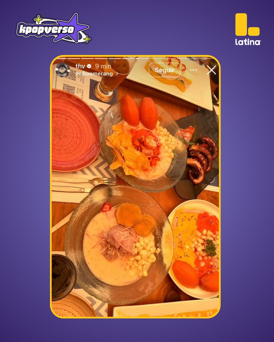 Latina_pe's tweet photo. ¡V CAYÓ RENDIDO ANTE LA SAZÓN PERUANA! 🍓🇵🇪🐟 V de BTS presumió en sus historias de Instagram el superbanquete que probó: ceviche con camote, arroz con mariscos, frutas frescas y postres como flan y suspiro a la limeña. 🤤✨ ¿Qué otro plato le recomendarías a Tae?👇💜 https://t.co/LRDki8JDut