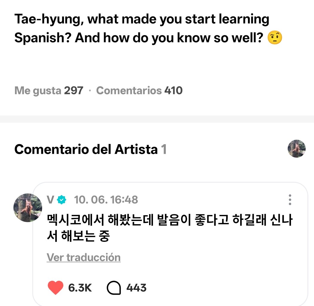 lvsyoonpj's tweet photo. TAEHYUNG VÍA WEVERSE 🌟 

💜: Tae-hyung, ¿qué te llevó a empezar a aprender español? ¿Y cómo es que lo sabes tan bien? 🤨

🐻: Lo probé en México y, como la gente decía que mi pronunciación era buena, me entusiasma seguir practicando.

VAMOSSSSS ARMY-MX 🇲🇽🔥 https://t.co/9WjcnaH79x