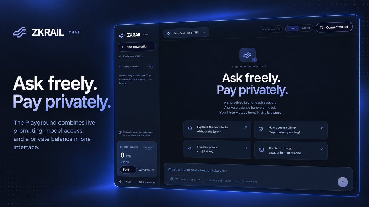 zkrailapp's tweet photo. ZKRAIL combines prompting, model access, private balance management, and network selection in one interface.

The goal is simple: make private access usable, not theoretical.

Try the Playground:
https://t.co/Dhfh8q9GM5

#Playground #ZKRAIL #ZK #AI #Privacy https://t.co/V057HLszRc