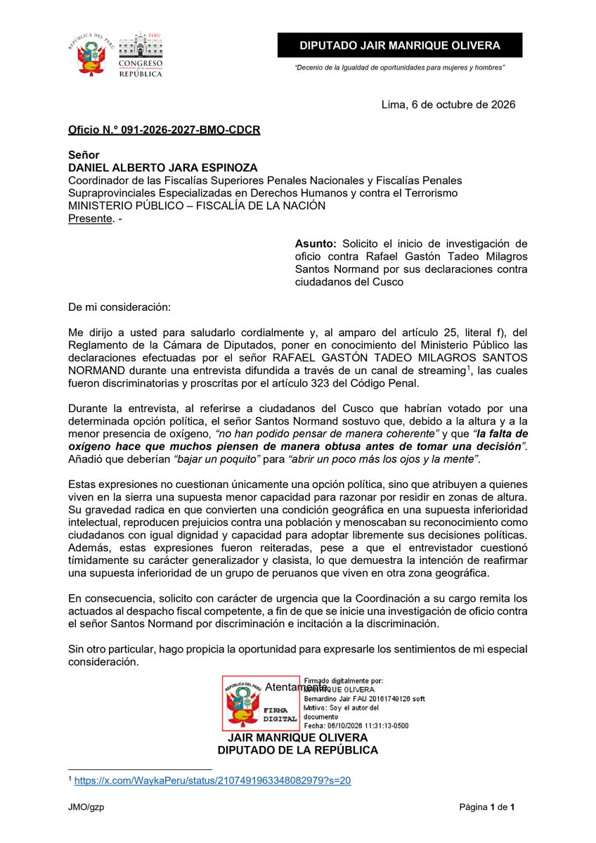 jairahora27's tweet photo. Ya formalicé ante el Ministerio Público @FiscaliaPeru  el pedido para que se inicie una investigación de oficio por las declaraciones contra ciudadanos del Cusco.

El racismo y la discriminación no pueden quedar solo en una condena pública. Corresponde que las autoridades actúen y determinen responsabilidades para evitar que este tipo de expresiones se repitan.

#noalracismo