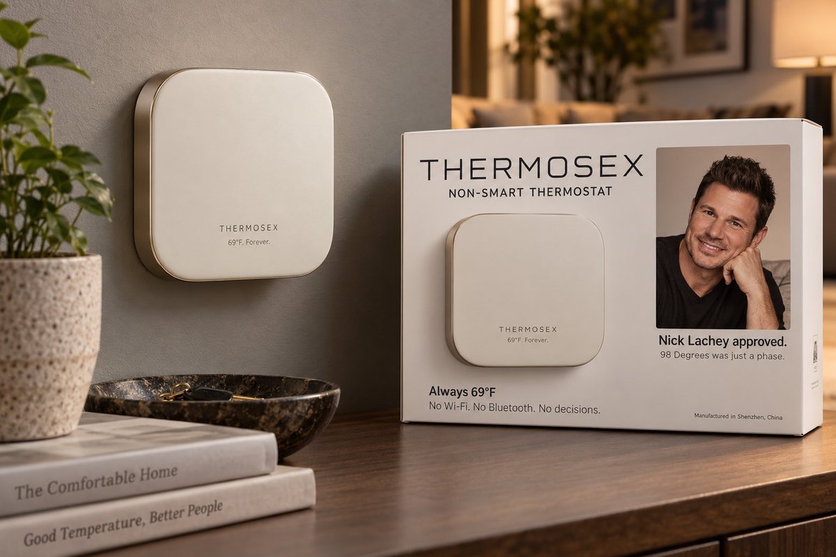 Thermosex69's tweet photo. Congratulations to both companies on beginning their journey toward 69°. At Thermosex, we’ve already arrived.

No pairing. No passwords. No software updates. No opportunity for your spouse to set it to 74. We spent our R&amp;D budget on Nick Lachey, and we stand behind that decision. https://t.co/ECXNkEa2Ce